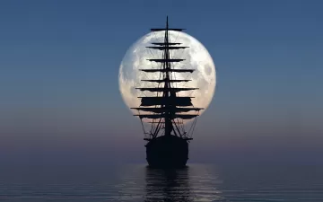 ship sea sunset moon